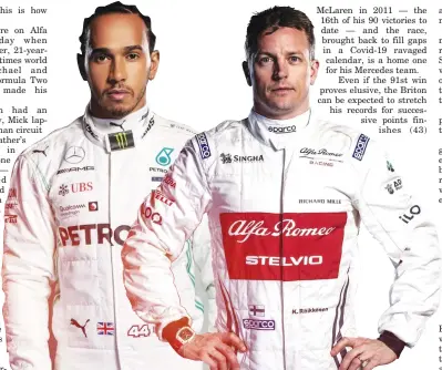  ??  ?? Mercedes’ Lewis Hamilton and Alfa Romeo’s Kimi Raikkonen