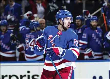  ?? FRANK FRANKLIN II — THE ASSOCIATED PRESS ?? Rangers’ Filip Chytil (72) celebrates after scoring a goal against the Tampa Bay Lightning during the second period of Game 1on Wednesday night.