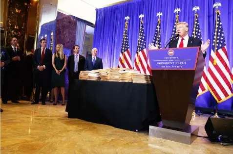  ??  ?? President-elect Donald Trump speaks during a news conference in the lobby of Trump Tower in New York, Wednesday, Jan. 11, 2017. (AP Photo/Evan Vucci)