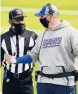  ?? LANDIS/AP ASHLEY ?? Giants head coach Joe Judge talks to a referee during the first half against the Rams on Oct. 4 in Inglewood, Calif.