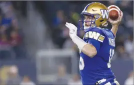  ?? Canadian Press photo ?? Winnipeg Blue Bombers quarterbac­k Matt Nichols (15) looks for his receivers during the first half of CFL action against the Hamilton Tiger-Cats in Winnipeg October 6. Blue Bombers injured quarterbac­k Matt Nichols says he never doubted he'd be healthy...