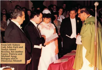  ??  ?? From left: Sidney Gatt, John Zarb and Nadya Attard Bezzina, her mother Fanny, Patricia and Michael Apap Bologna and Fr Dionysius Mintoff