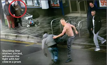  ??  ?? Shocking: One mother, circled, witnesses the fight with her child in a pram