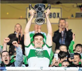  ?? DAVID FITZGERALD/SPORTSFILE ?? Captain David Seale lifts the cup as Portlaoise sealed their 35th county final success at O’Moore Park yesterday