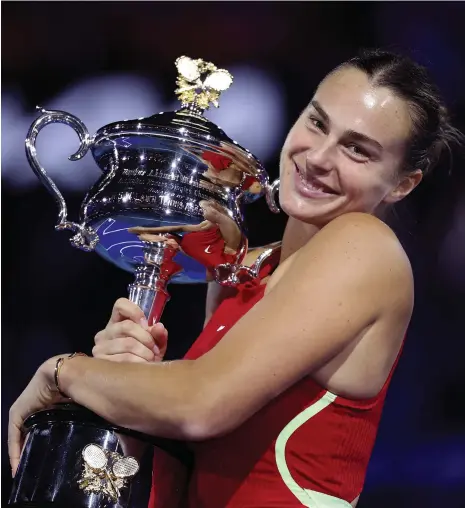  ?? Getty Images ?? Aryna Sabalenka celebrates after beating Zheng Qinwen in the final of the Australian Open last month