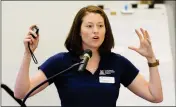  ??  ?? CHANNAH ROCK, WATER QUALITY SPECIALIST AND ASSOCIATE PROFESSOR with the University of Arizona Cooperativ­e Extension Service, speaks at Friday’s community forum about E. coli inside the Schoening Conference Center on the Arizona Western College main...