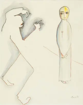  ??  ?? Beatrice Wood: Untitled (Self Portrait), color pencil, graphite, and watercolor on paper; left, Ligia Bouton: Understudy for Animal Farm (installati­on detail), 2012-2014, mixed media