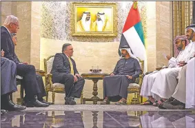  ?? AP/ANDREW CABALLERO-REYNOLDS ?? Secretary of State Mike Pompeo sits with Abu Dhabi Crown Prince Sheikh Mohammed bin Zayed Al Nahyan during a meeting Saturday in the United Arab Emirates’ capital. The stop was Pompeo’s fourth on a nine-nation Middle East trip.