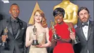  ?? REUTERS ?? (From left) Winners of acting honours Mahershala Ali, Emma Stone, Viola Davis and Casey Affleck pose with their Oscars.