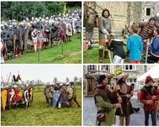  ??  ?? De gauche à droite : devant la ligne, adoubement des enfants, confrontat­ion (Histoire Normande) et les musiciens de la Maisnie Hellequin.