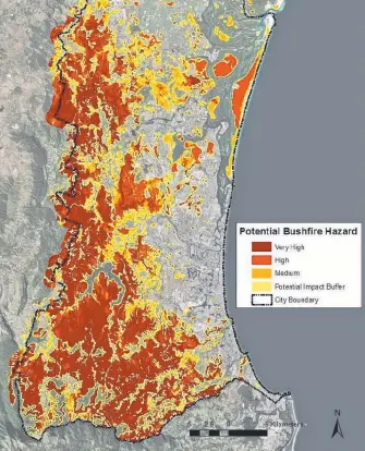  ??  ?? Gold Coast City Council’s latest bushfire hazard overlay map shows plenty of areas are at risk.