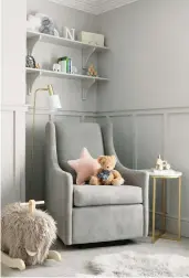  ??  ?? NANCY’S BEDROOM Subtle pink shades and soft textures combine for a cosy, cocooning feel.
Try the Pottery Barn Kids Charleston slim reclining chair, £999, John Lewis & Partners. Hudson floor lamp, £150, Cox & Cox. Melissa side table, £89.97, Furniture 123