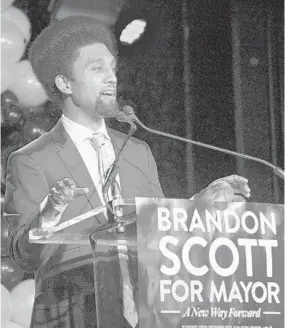  ??  ?? Mayor-elect Brandon Scott declares victory during his post-election gathering at Soundstage in Baltimore on Tuesday.