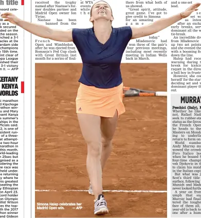  ?? — AFP ?? Simona Halep celebrates her Madrid Open win.