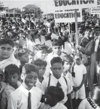  ?? ?? THE radical leadership of the Natal Indian Congress under Dr Monty Naicker actively supported student protests for access to education. The street marches by Indian schoolchil­dren were remarkable acts of defiance and courage in the face of a repressive state. 1946. | SS Singh Collection