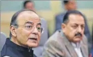  ?? PTI ?? ■ Union Finance Minister Arun Jaitley with Minister of State at Prime Minister’s Office Jitendra Singh addresses the media at his office, in New Delhi on Monday.