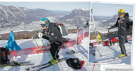  ??  ?? Trotz relativ blauen Himmels mussten Vincent Kriechmayr und Max Franz den Berg gestern mit Overall und im normalen Tempo verlassen statt über die Rennstreck­e von Garmisch.