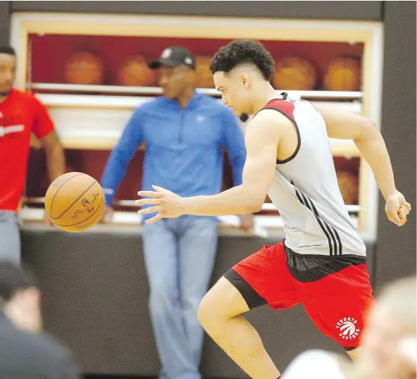  ?? — MICHAEL PEAKE ?? Dillon Brooks of Mississaug­a, Ont. works out for the Toronto Raptors on Monday in advance of the NBA draft. ‘Dillon is a guy who brings so much passion to the table,’ Dan Tolzman, the Raptors’ director of scouting, said after the six-man workout.