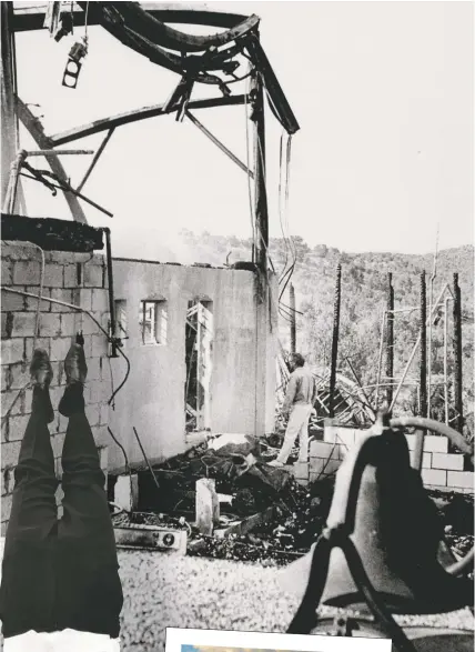  ??  ?? Crosby inspects the carnage on the morning of July 27, 1967, after Santa Fe Opera’s theater was destroyed by fire; photo Alan Stoker; left, the Santa Fe Opera, 2010; photo Robert Godwin; far left, Crosby clearing his head; photo Michael Salas; opposite...