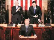  ??  ?? Trump addresses Joint Session of Congress. Behind him are Vicepresid­ent Mike Pence (left), Speaker Paul Ryan (right) (Photo: Reuters)