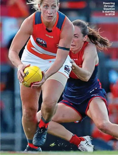  ??  ?? Powering through: Staunton is starring in AFLW