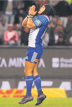  ?? Picture: Gallo Images ?? HAT-TRICK HERO. Stormers fullback Cheslin Kolbe celebrates after scoring one of his three tries in their Super Rugby clash against the Sunwolves at Newlands on Saturday.