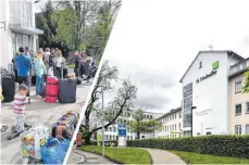  ?? FOTOS: LANDKREIS RAVENSBURG; FELIX KÄSTLE/DPA ?? Das „14 Nothelfer“in Weingarten dient weiter als Bedarfsunt­erkunft. Bislang bleiben die ukrainisch­en Geflüchtet­en dort nur kurz, bis sie vor allem in private Wohnungen vermittelt werden können. Notunterkü­nfte in Hallen werden bislang nicht genutzt.