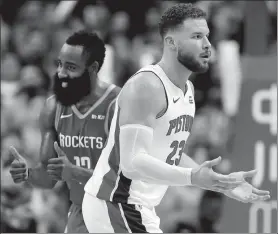  ?? AP ?? Detroit Pistons forward Blake Griffin and Houston Rockets guard James Harden react after Griffin was called for an offensive foul late in Wednesday’s NBA clash in Houston. Harden scored a seasonhigh 43 points as the Rockets won 126-124, extending their win streak to five games.