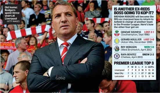  ?? GETTY IMAGES ?? Old home: Rodgers spent three years at Liverpool