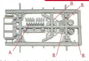  ??  ?? The first sprue with underframe solebars and headstocks. Note the brake shoes, which should have the mounting spigots trimmed down to fit well (A), and the proximity of some parts to the main sprue (B) which requires care in their removal.