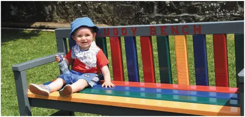  ?? Photo by Michelle Cooper Galvin ?? Jerry O’Neill of Castlemain­e checks out the new buddy bench at Kiltallagh National School, Castlemain­e.