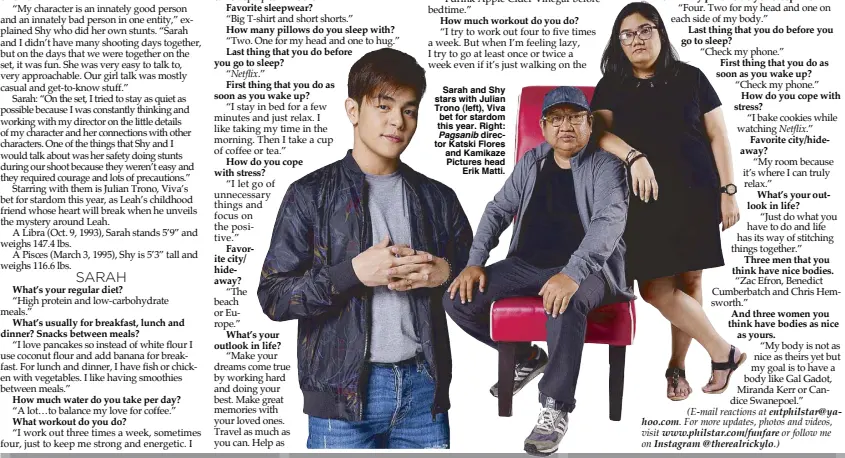  ??  ?? Sarah and Shy stars with Julian Trono (left), Viva bet for stardom this year. Right: Pagsanib director Katski Flores and Kamikaze Pictures head Erik Matti.