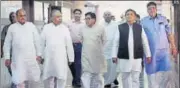 ?? PTI ?? Former UP chief minister Akhilesh Yadav along with others after a meeting of the opposition leaders to discuss the strategy for the upcoming Presidenti­al elections, in New Delhi on Friday.