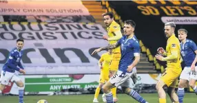  ??  ?? Lifeline Scott Pittman scores to make it 2-1 but Livi could not find a leveller