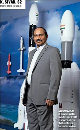  ??  ?? MOON MAN
K. Sivan with models of ISRO rockets at the Sriharikot­a launch centre