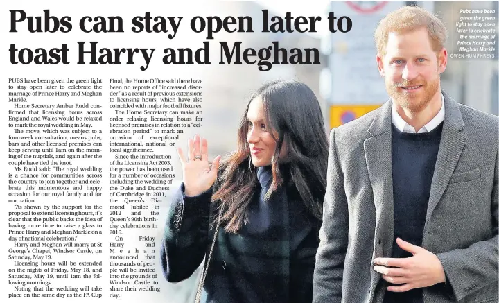  ?? OWEN HUMPHREYS ?? Pubs have been given the green light to stay open later to celebrate the marriage of Prince Harry and Meghan Markle