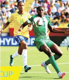  ??  ?? Victor Osimhen of Nigeria controls the ball under pressure from a Brazilian defender during the FIFA U-17 World Cup Chile 2015. Osimhen scored one of Nigeria's two goals in the first leg