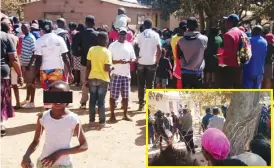  ??  ?? A crowd mills outside a house in Mkoba 14 in Gweru where two children are alleged to have turned into spiritual snakes and demanded their grandfathe­r’s blood in a satanism scare. Inset: Police details monitor the situation. (See story on Page 2)