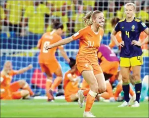  ?? PHILIPPE DESMAZES/AFP ?? The Netherland­s’ Jackie Groenen celebrates after the women’s World Cup semi-final on Wednesday at the Lyon Stadium in Decines-Charpieu, France.