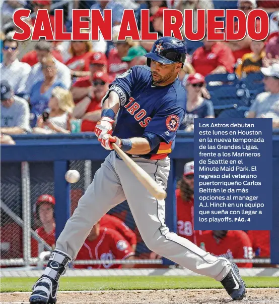  ?? Joel Auerbach / Getty Images ?? Carlos Beltrán batea para los Astros de Houston durante un juego de pretempora­da ante los Nacionales de Washington en West Palm Beach, Florida.