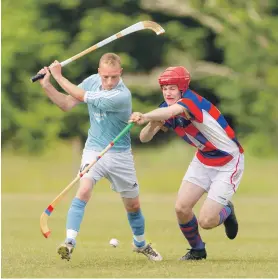  ?? Photograph: Neil Paterson. ?? Kingussie’s Calum Grant tries to block a shot from Kevin Bartlett of Caberfeidh during their Camanachd Cup second round tie at Castle Leod which ended in a 1-1 draw.