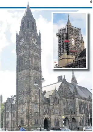  ??  ?? ●●The bongs from Rochdale Town Hall are to be broadcast during the BBC news bulletins instead of Big Ben (inset) which is undergoing repairs