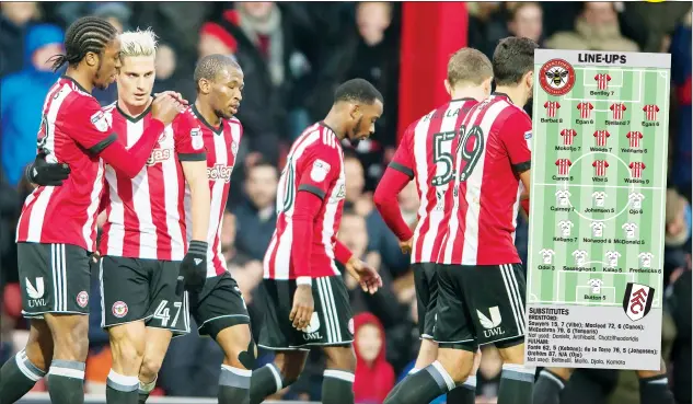  ?? PICTURES: UK Sports Pics ?? BLOND AMBITION: Sergi Canos, second left, gets a hug after scoring Brentford’s equaliser only eight minutes after Fulham had taken the lead