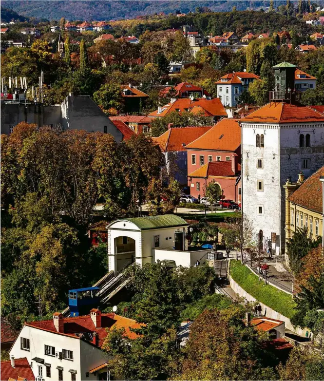  ?? J. Duval/Divulgação ?? Partes baixa e alta da capital da Croácia, Zagreb, conectadas por um funicular (à esq.)