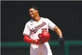  ?? AP PHOTO/NICK WASS ?? Washington Nationals’ Juan Soto smiles in Sunday as he stands on second during the fourth inning of a baseball game against the Miami Marlins in Washington.