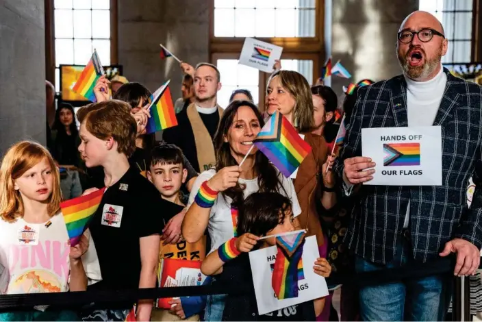  ?? ?? People protest the pride flag ban bill at the capitol in Nashville, Tennessee, on 26 February 2024. Photograph: Seth Herald/Reuters