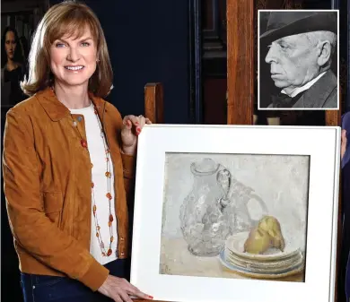  ??  ?? Shocked: Fiona Bruce with the disputed painting on BBC1 last night Inset: William Nicholson