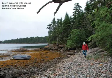  ??  ?? Leigh explores wild Blacks Island, next to Corner Pocket Cove, Maine