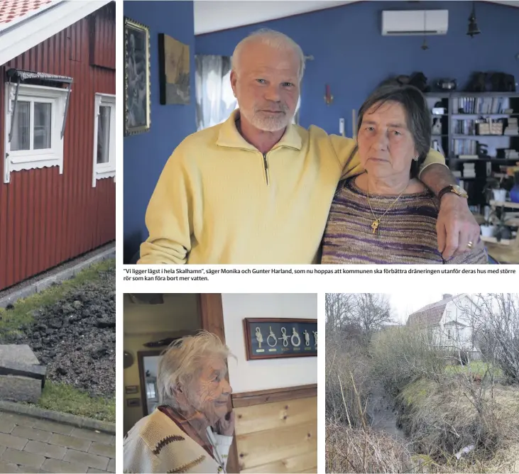  ?? ?? ”Vi ligger lägst i hela Skalhamn”, säger Monika och Gunter Harland, som nu hoppas att kommunen ska förbättra dräneringe­n utanför deras hus med större rör som kan föra bort mer vatten.
Ett hundratal meter längre bort bor 90-åriga änkan Astrid Wörand ensam i ett hus. Bohuslänin­gen träffade henne redan 2017 efter att hennes källare översvämma­ts, och än i dag vågar hon inte använda den efter återkomman­de översvämni­ngar.