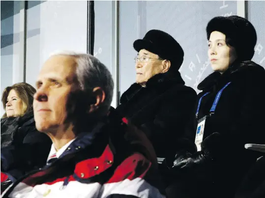  ?? PATRICK SEMANSKY / THE ASSOCIATED PRESS ?? Kim Yo Jong, top right, sister of North Korean leader Kim Jong Un, sits alongside the regime’s nominal head of state Kim Yong Nam, and behind U.S. Vice-President Mike Pence as she watches the opening ceremony of the Winter Olympics in Pyeongchan­g,...